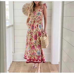 NWT HOUSE OF HARLOW 1960 Zoey Khaki Ruched Flutter Smocked Maxi Dress size M